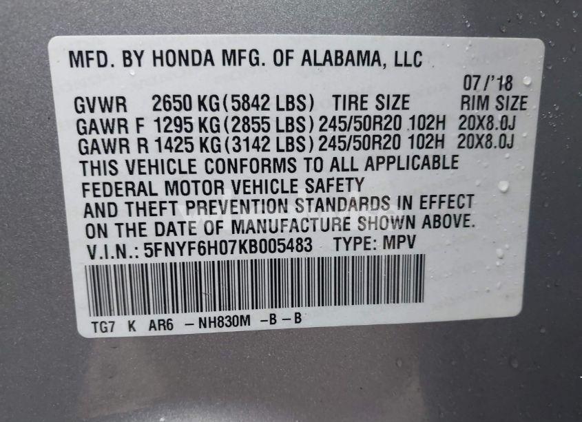 Photo 9 of 2019 Honda Pilot ELITE (VIN 5FNYF6H07KB005483)
