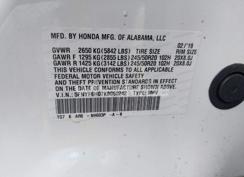 Photo 9 of 2019 Honda Pilot ELITE (VIN 5FNYF6H07KB060242)