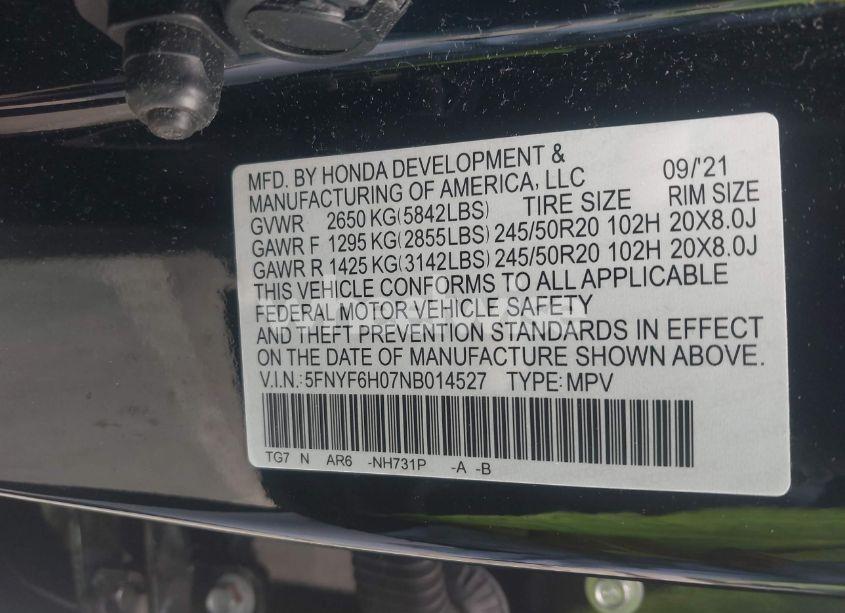 Photo 9 of 2022 Honda Pilot AWD ELITE (VIN 5FNYF6H07NB014527)