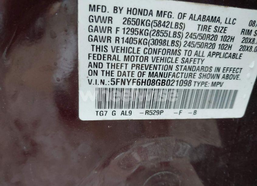 Photo 9 of 2016 Honda Pilot ELITE (VIN 5FNYF6H08GB021098)