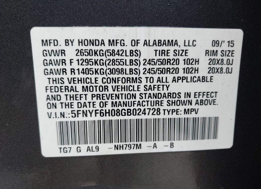 Photo 9 of 2016 Honda Pilot ELITE (VIN 5FNYF6H08GB024728)