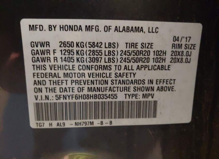 Photo 9 of 2017 Honda Pilot ELITE (VIN 5FNYF6H08HB035455)