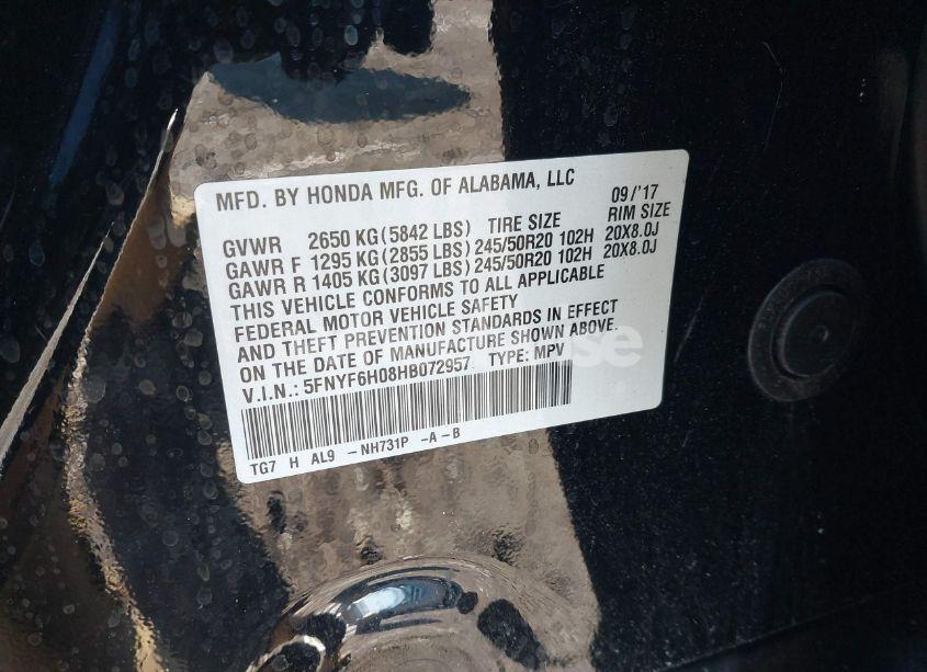 Photo 9 of 2017 Honda Pilot ELITE (VIN 5FNYF6H08HB072957)