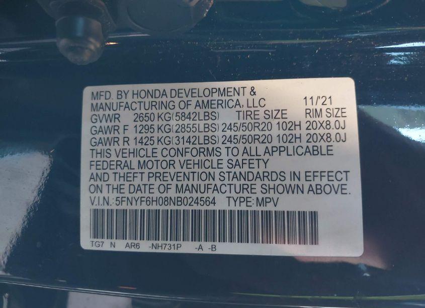 Photo 9 of 2022 Honda Pilot AWD ELITE (VIN 5FNYF6H08NB024564)