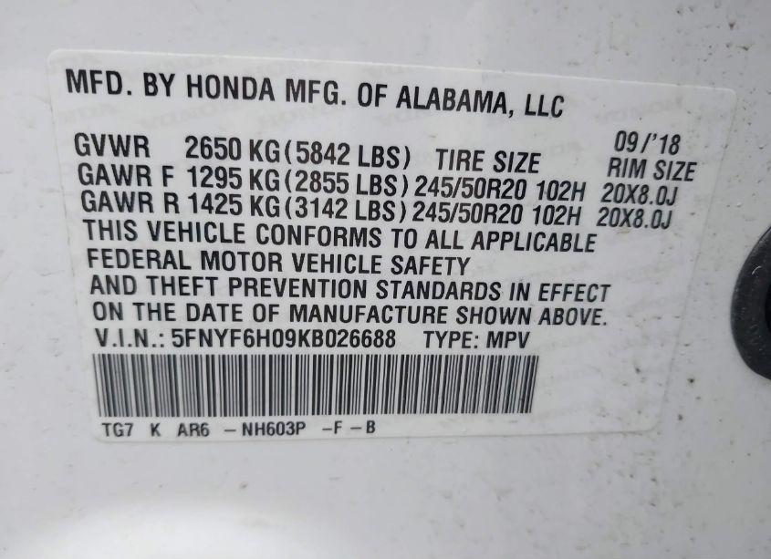 Photo 9 of 2019 Honda Pilot ELITE (VIN 5FNYF6H09KB026688)