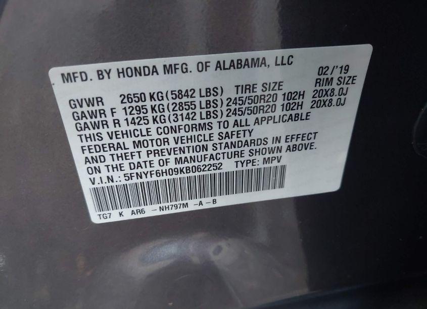 Photo 9 of 2019 Honda Pilot ELITE (VIN 5FNYF6H09KB062252)