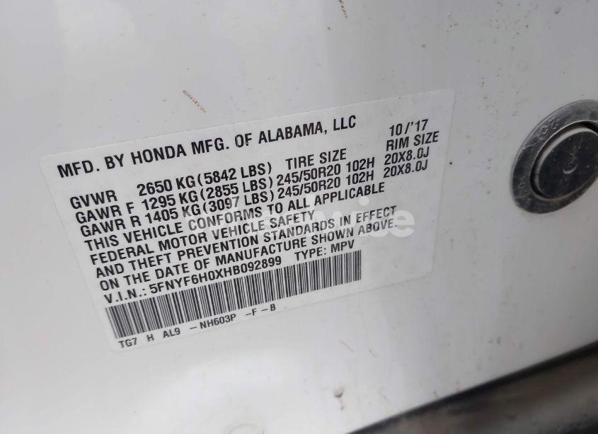 Photo 9 of 2017 Honda Pilot ELITE (VIN 5FNYF6H0XHB092899)