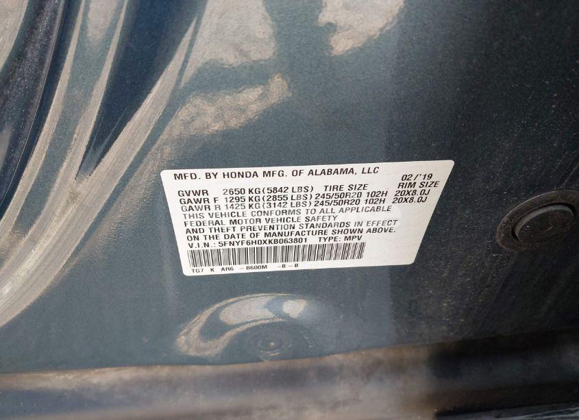 Photo 9 of 2019 Honda Pilot ELITE (VIN 5FNYF6H0XKB063801)