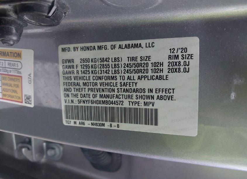 Photo 9 of 2021 Honda Pilot AWD ELITE (VIN 5FNYF6H0XMB044572)