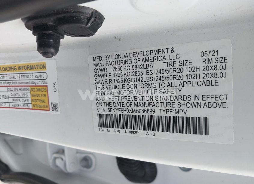 Photo 9 of 2021 Honda Pilot AWD ELITE (VIN 5FNYF6H0XMB086899)