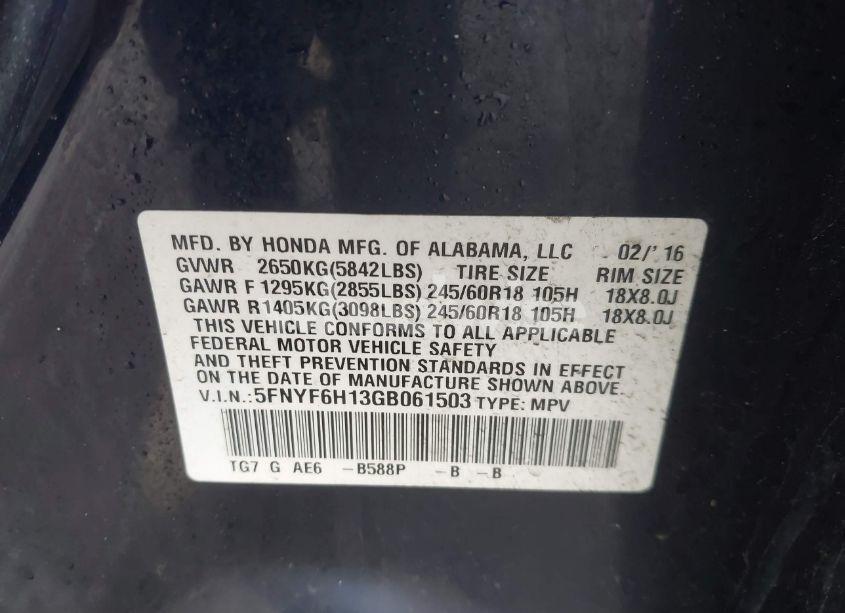 Photo 9 of 2016 Honda Pilot LX (VIN 5FNYF6H13GB061503)