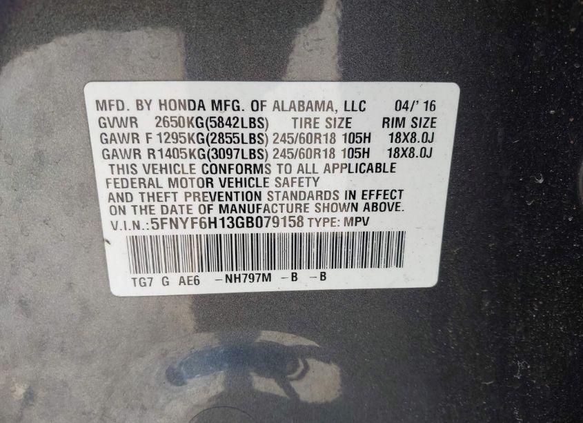 Photo 9 of 2016 Honda Pilot LX (VIN 5FNYF6H13GB079158)