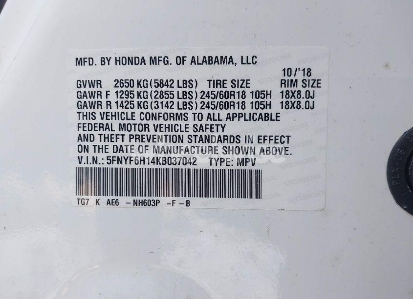 Photo 9 of 2019 Honda Pilot LX (VIN 5FNYF6H14KB037042)