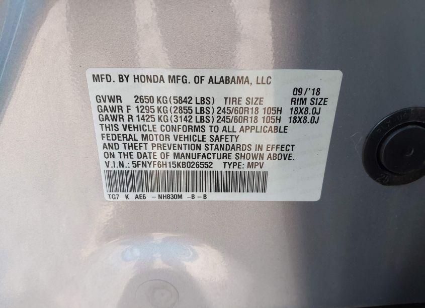 Photo 9 of 2019 Honda Pilot LX (VIN 5FNYF6H15KB026552)