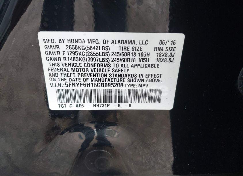 Photo 9 of 2016 Honda Pilot LX (VIN 5FNYF6H16GB095208)