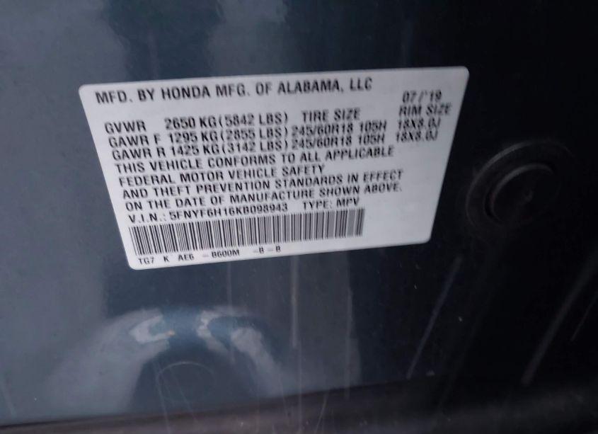 Photo 9 of 2019 Honda Pilot LX (VIN 5FNYF6H16KB098943)