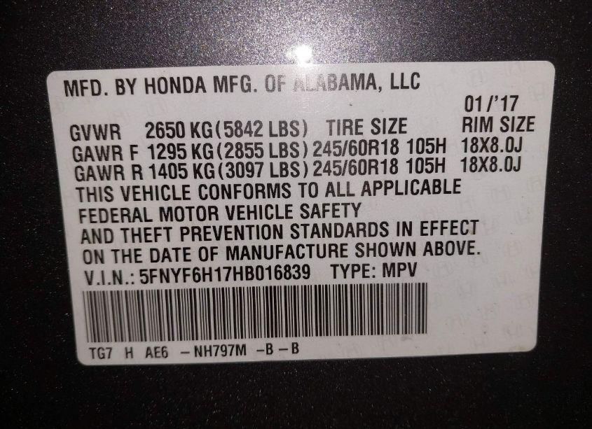 Photo 9 of 2017 Honda Pilot LX (VIN 5FNYF6H17HB016839)