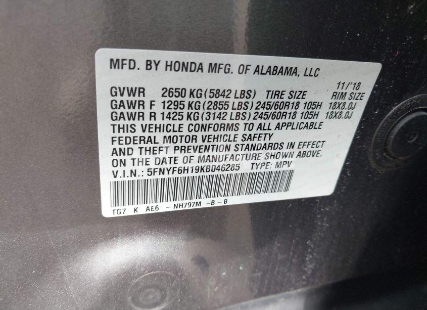 Photo 9 of 2019 Honda Pilot LX (VIN 5FNYF6H19KB046285)