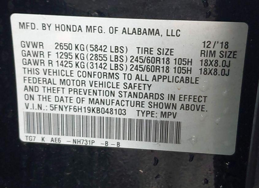 Photo 9 of 2019 Honda Pilot LX (VIN 5FNYF6H19KB048103)