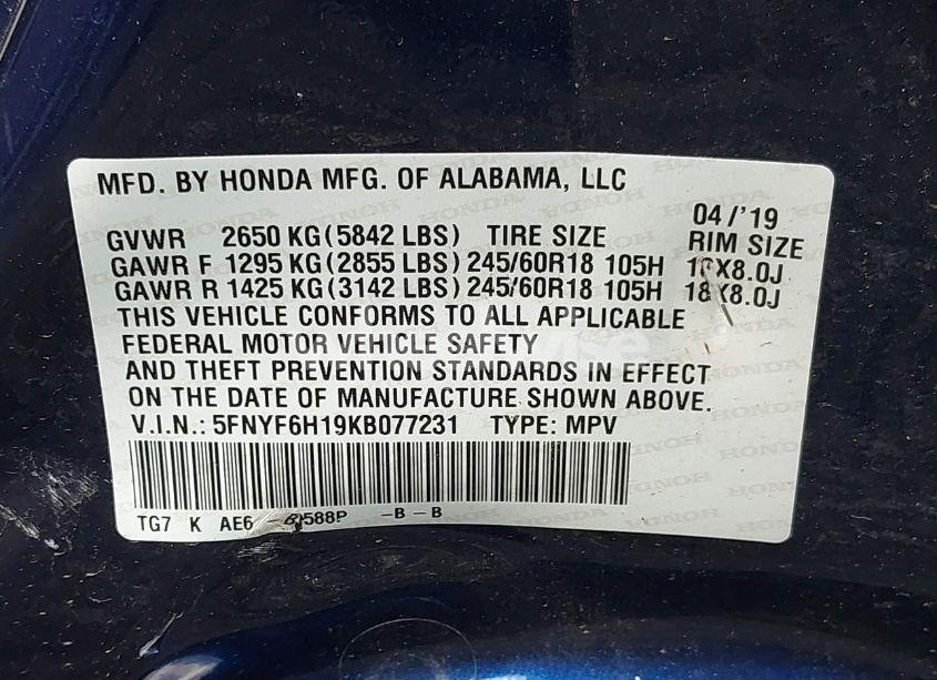 Photo 9 of 2019 Honda Pilot LX (VIN 5FNYF6H19KB077231)