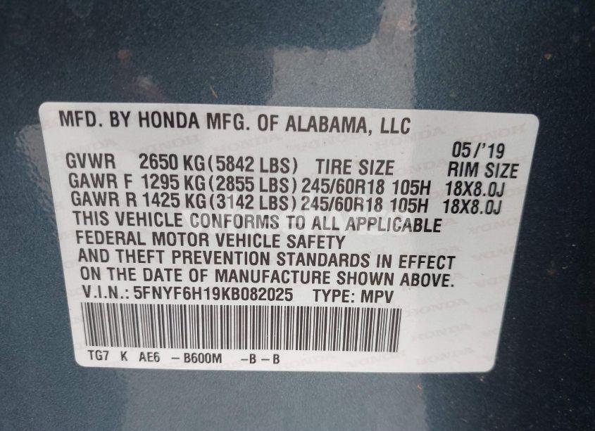 Photo 9 of 2019 Honda Pilot LX (VIN 5FNYF6H19KB082025)