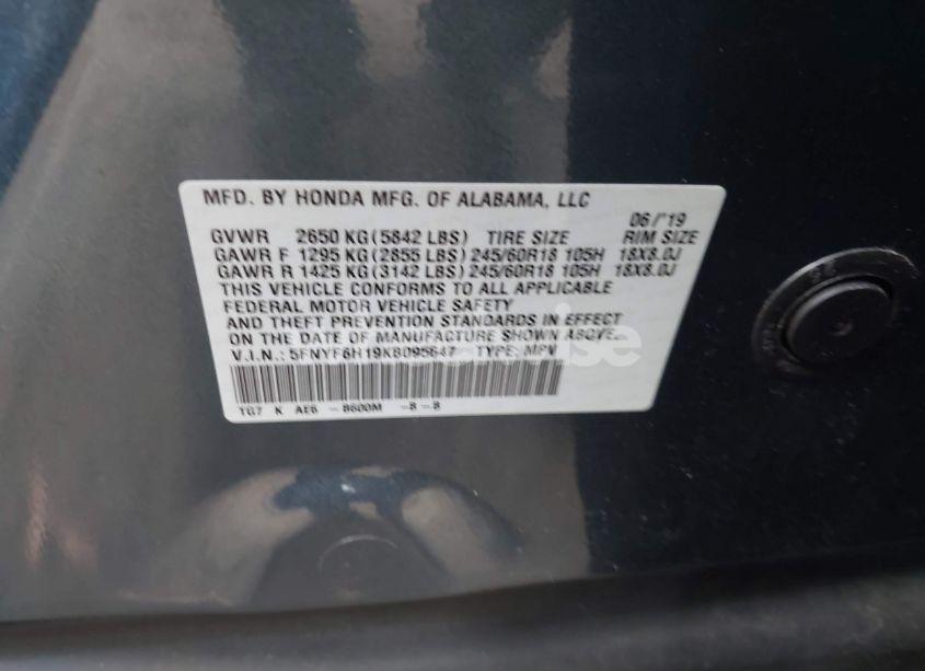 Photo 9 of 2019 Honda Pilot LX (VIN 5FNYF6H19KB095647)