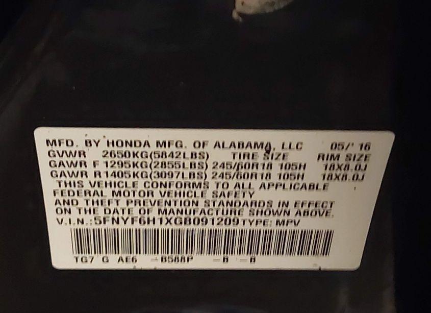 Photo 9 of 2016 Honda Pilot LX (VIN 5FNYF6H1XGB091209)