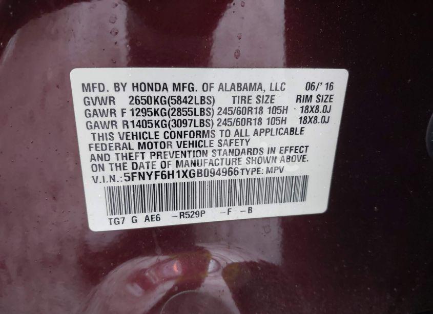 Photo 9 of 2016 Honda Pilot LX (VIN 5FNYF6H1XGB094966)