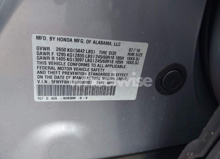 Photo 9 of 2016 Honda Pilot LX (VIN 5FNYF6H1XGB099987)