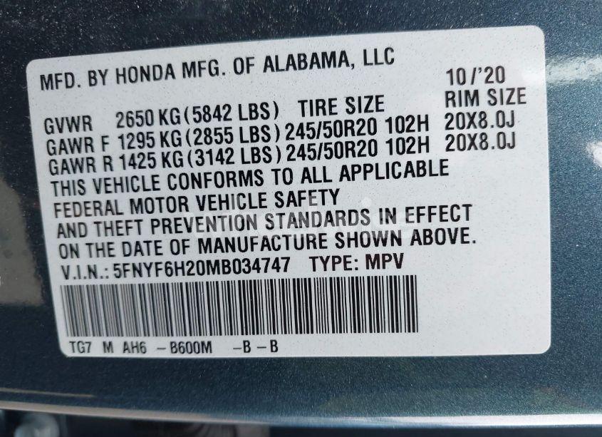 Photo 9 of 2021 Honda Pilot AWD SPECIAL EDITION (VIN 5FNYF6H20MB034747)