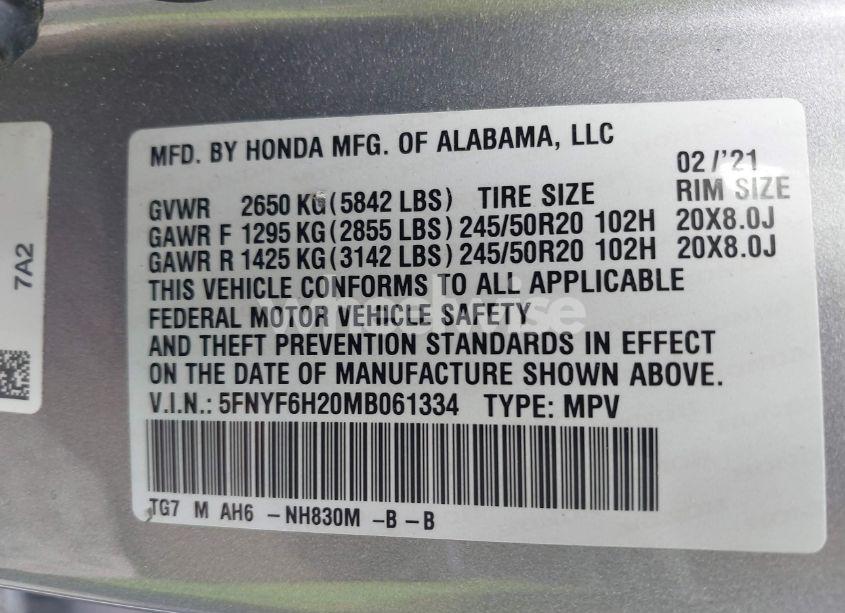Photo 9 of 2021 Honda Pilot AWD SPECIAL EDITION (VIN 5FNYF6H20MB061334)