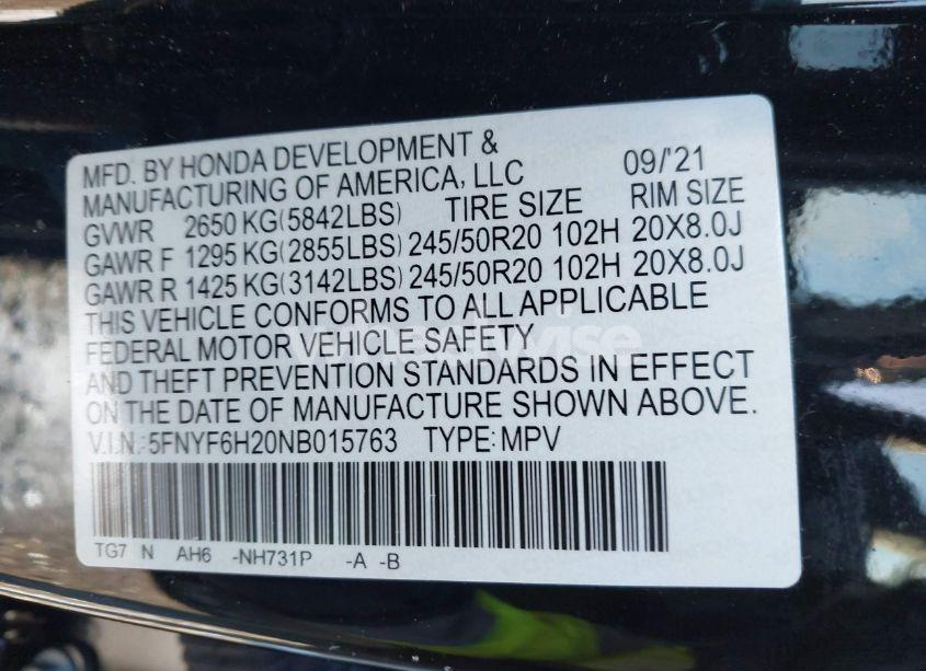 Photo 9 of 2022 Honda Pilot AWD SPECIAL EDITION (VIN 5FNYF6H20NB015763)