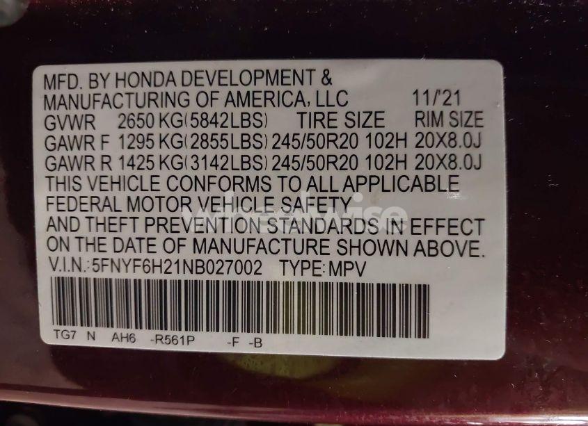 Photo 9 of 2022 Honda Pilot AWD SPECIAL EDITION (VIN 5FNYF6H21NB027002)