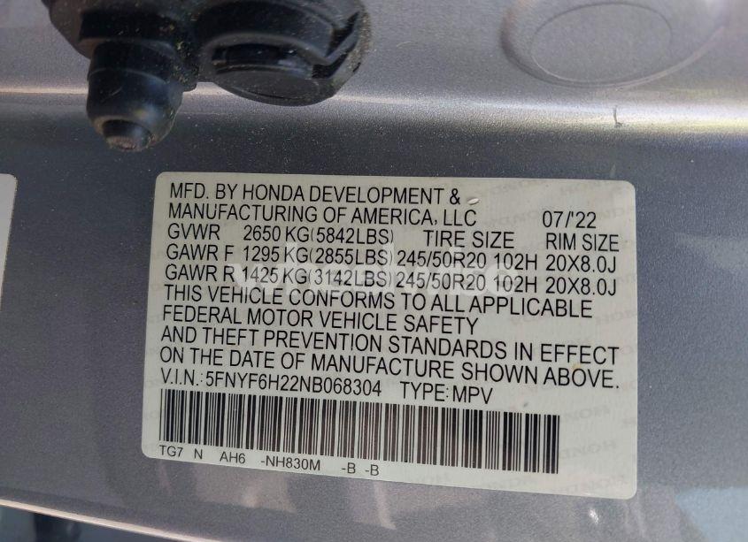 Photo 9 of 2022 Honda Pilot AWD SPECIAL EDITION (VIN 5FNYF6H22NB068304)