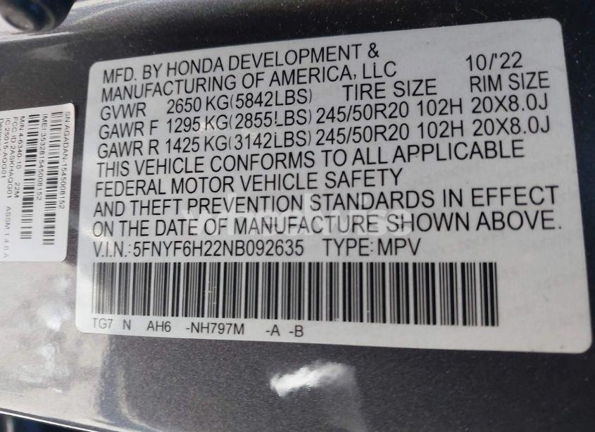 Photo 9 of 2022 Honda Pilot AWD SPECIAL EDITION (VIN 5FNYF6H22NB092635)