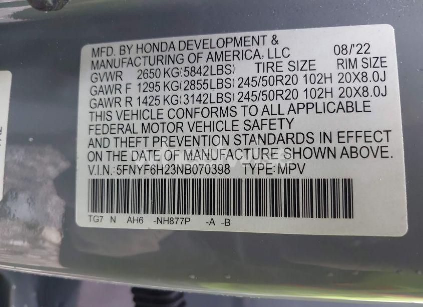 Photo 9 of 2022 Honda Pilot AWD SPECIAL EDITION (VIN 5FNYF6H23NB070398)