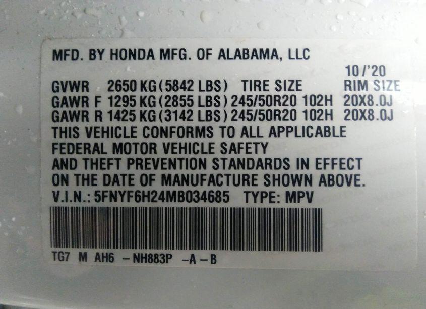 Photo 9 of 2021 Honda Pilot AWD SPECIAL EDITION (VIN 5FNYF6H24MB034685)