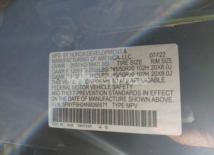 Photo 9 of 2022 Honda Pilot AWD SPECIAL EDITION (VIN 5FNYF6H24NB066571)