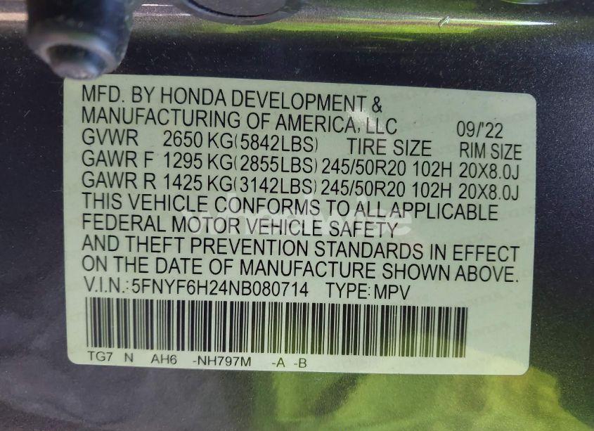 Photo 9 of 2022 Honda Pilot AWD SPECIAL EDITION (VIN 5FNYF6H24NB080714)