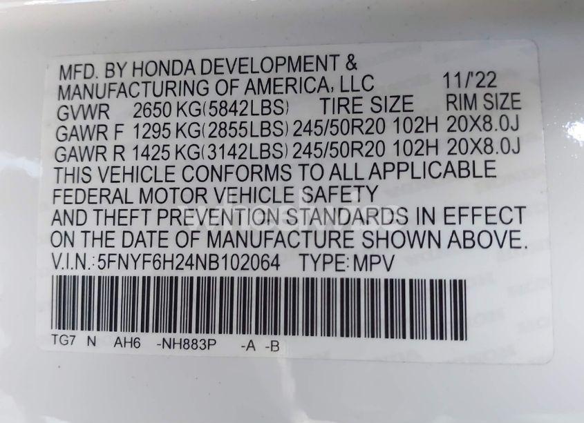 Photo 9 of 2022 Honda Pilot AWD SPECIAL EDITION (VIN 5FNYF6H24NB102064)