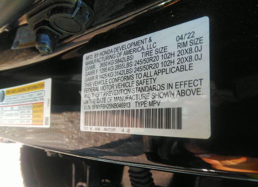 Photo 9 of 2022 Honda Pilot AWD SPECIAL EDITION (VIN 5FNYF6H25NB046913)