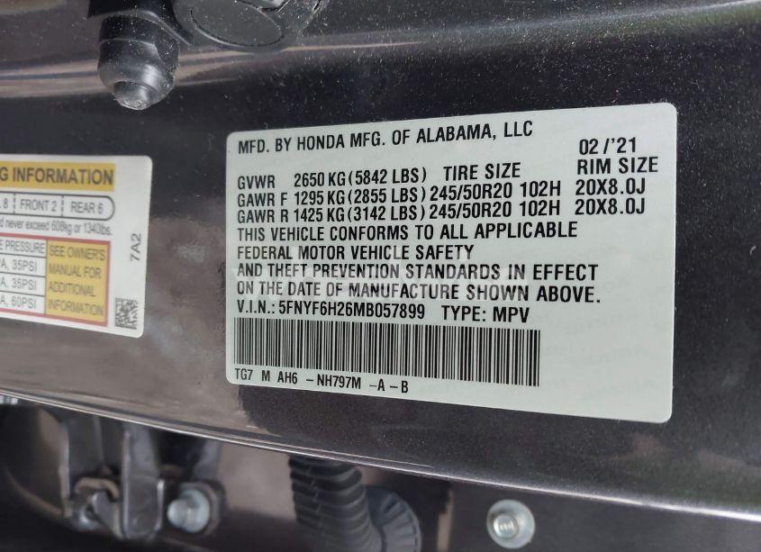 Photo 9 of 2021 Honda Pilot AWD SPECIAL EDITION (VIN 5FNYF6H26MB057899)