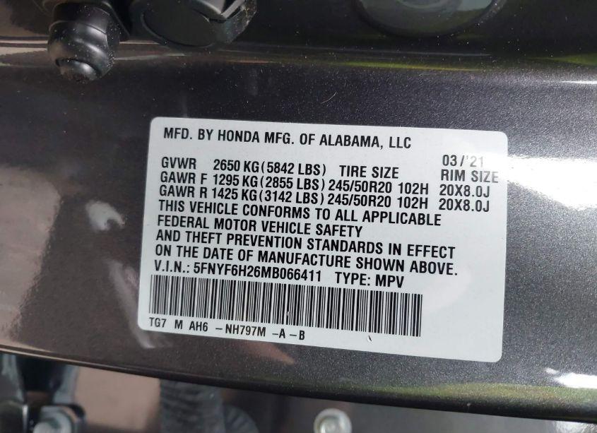 Photo 9 of 2021 Honda Pilot AWD SPECIAL EDITION (VIN 5FNYF6H26MB066411)