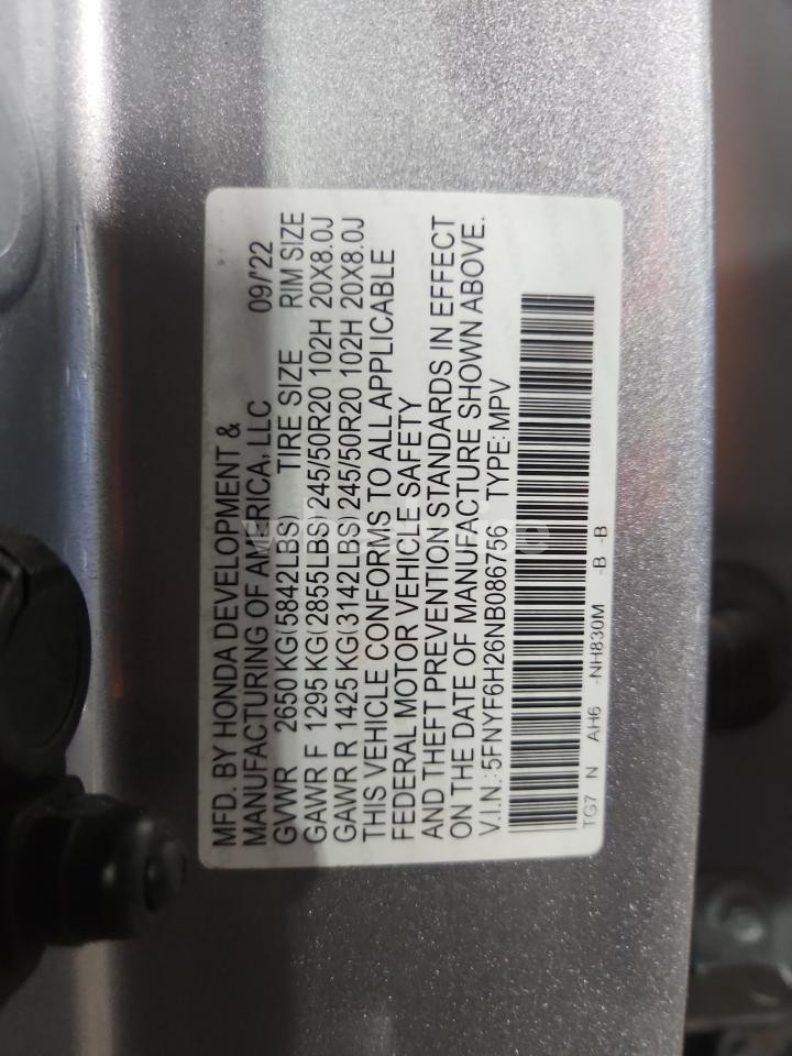 Photo 13 of 2022 HONDA PILOT SE (VIN 5FNYF6H26NB086756)