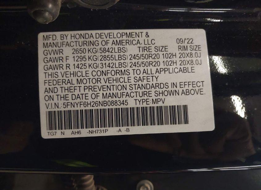 Photo 9 of 2022 Honda Pilot AWD SPECIAL EDITION (VIN 5FNYF6H26NB088345)