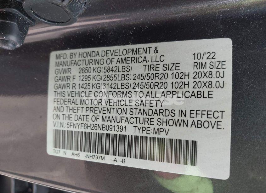 Photo 9 of 2022 Honda Pilot AWD SPECIAL EDITION (VIN 5FNYF6H26NB091391)