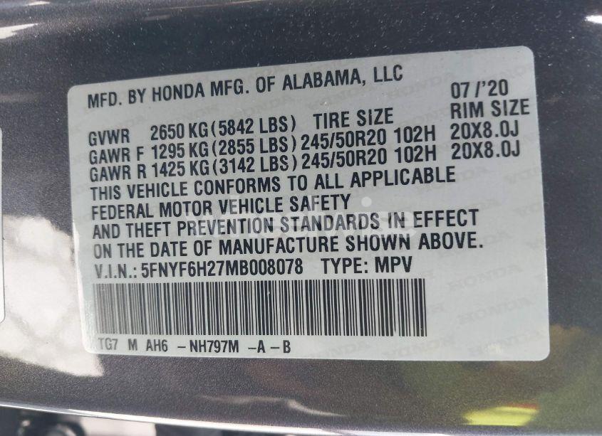 Photo 9 of 2021 Honda Pilot AWD SPECIAL EDITION (VIN 5FNYF6H27MB008078)