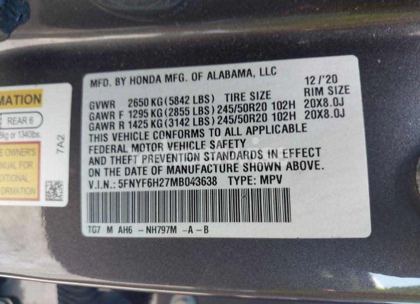 Photo 9 of 2021 Honda Pilot AWD SPECIAL EDITION (VIN 5FNYF6H27MB043638)