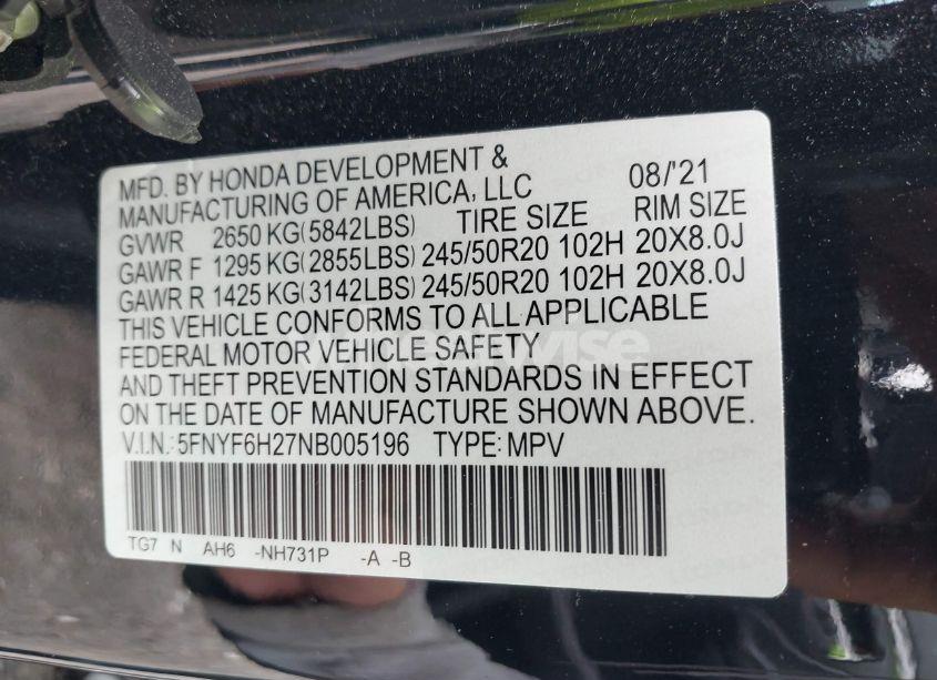 Photo 9 of 2022 Honda Pilot AWD SPECIAL EDITION (VIN 5FNYF6H27NB005196)