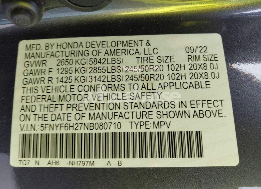 Photo 9 of 2022 Honda Pilot AWD SPECIAL EDITION (VIN 5FNYF6H27NB080710)